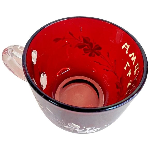 Antique Ruby Red Flash White Clear Grandma 1897 Mug Cup Hand Painted Flowers - Picture 5 of 9